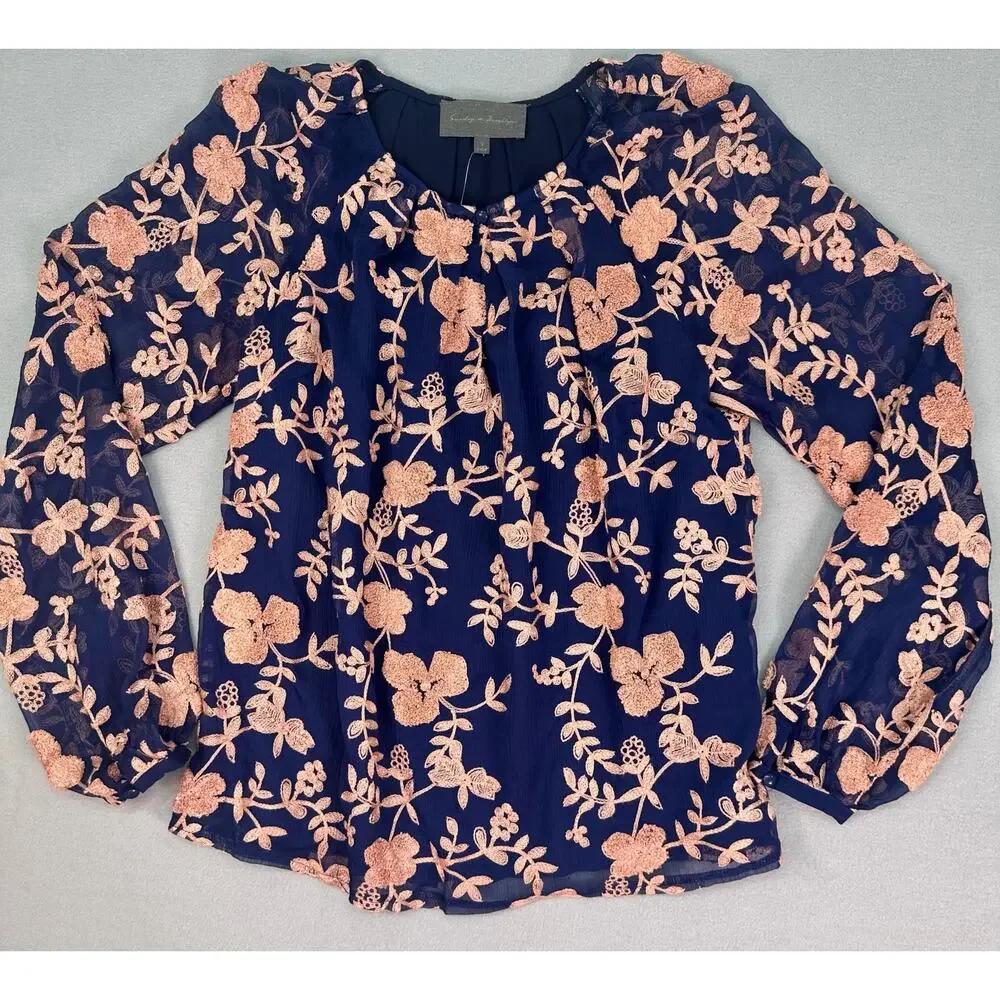 NWOT Anthropologie Sunday in Brooklyn Navy Pink Embroidered Floral Blouse Size S - Picture 4 of 11